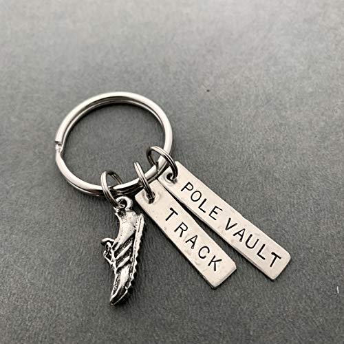 RUN TRACK POLE VAULT Key Chain - Running Shoe Charm and Hand Stamped TRACK and POLE VAULT Pendants on Round Key Ring - Track and Field Pole Vault Event
