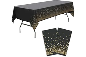 PARTY ULYJA Gold Polka Dots Confetti Plastic Tablecloths 2 Pack Black Disposable Table Covers Thanksgiving 54 x 108 Inch Table Cloths for Picnic Birthday Wedding Parties 8 Foot Rectangle Table