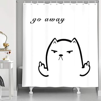 Amazon Com Nymb Funny Cat Shower Curtain Cute Black Cartoon Kitten Say Go Away Shower Curtains For Bathroom Fabric Shower Curtain Bathroom Accessories 12pcs Hooks 69x70 Inches Furniture Decor