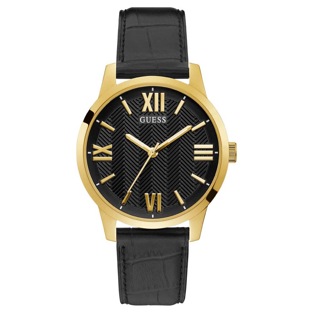 GUESS Men's Stainless Steel Quartz Watch with Leather Strap, Black/Gold Tone/Black, Campbell