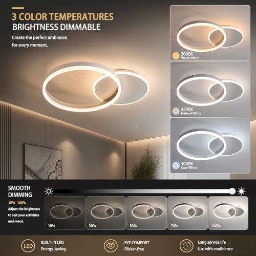 Moonm LED Ceiling Light 36 W, Dimmable LED Ceiling Light 3000 K-6000 K | bedroom chandelier with remote control, modern ceiling chandelier, aluminium, living room with two circles, ceiling lights