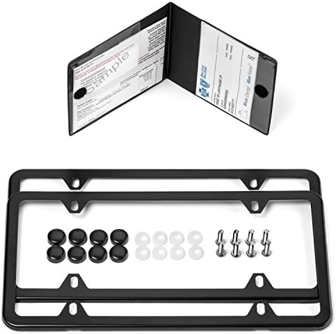 Stainless-Steel License Plate Frames with Extra Bonus Insurance and Registration Card Holder by TOPVIVO (4 Hole - Black)