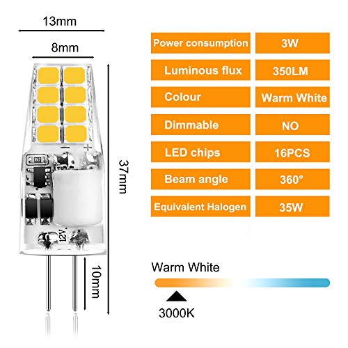 Sylvwin G4 LED Lampadina,3W Lampade LED Equivalente a 35W Lampadine Alogene,Bianco Caldo 3000K,350LM,12V AC/DC Angolo del Fascio 360°,Lampada LED G4 Senza Sfarfallio,Non Dimmerabile,10 Pezzi