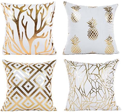 HONEYJOY Soft Satin Throw Pillowcases 4 Pack Cushion Covers Fashion Nature Durable Flannel Bronzing Printing Art Retro Pineapple Geometric Tree Golden Pattern Home Decorative Pillowcase 18"x18"