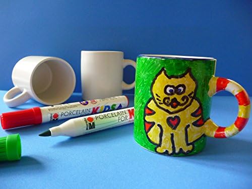Porcelain Mug Painting Kit - 4 Kids Mugs & 1 x Marabu For Kids Pen Set 3 Colours
