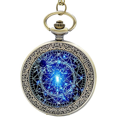 UNION ONE Stained Glass Bronze Pocket Watches-Steampunk Blue Magic Round Quartz Watch Chain,Gift for Him Her 5