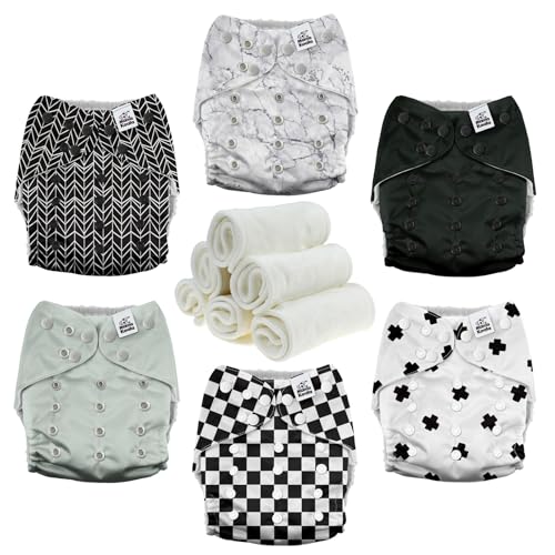 Mama Koala 3.0 Pocket Cloth Diapers for Babies with AWJ Lining, 6 Pack with 6 4-Layer Natural Cloth Diaper Inserts - Reusable and Washable Pocket Diapers (Black and White)