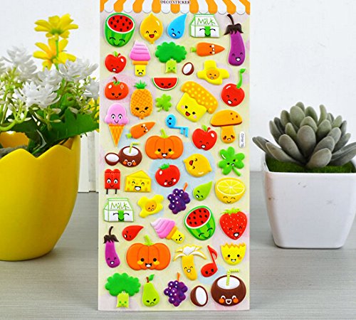4 Sheets Cute Lovely Puffy DIY Decorative Adhesive Sticker Tape / Kids Craft Scrapbooking Sticker Set for Diary, Album (vegetables+Fruits)