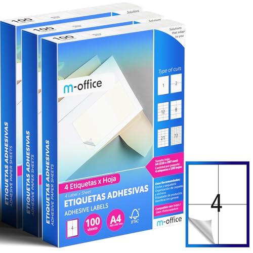 M-office Etiquetas Adhesivas A4 compatible con Label Printer, Pegatinas Blancas Adhesivas para Uso Diario, Papel Adhesivo para Imprimir, Pegatinas para Escribir (4 por hoja, 300h)