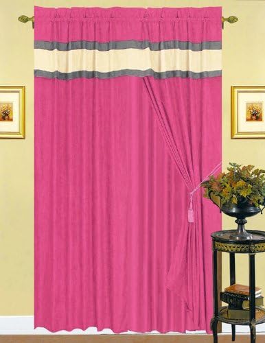MODERN Hot Pink, Gray and White Suede Patchwork Window Curtain / Drape Set with Sheer Backing 120-by-84-Inch