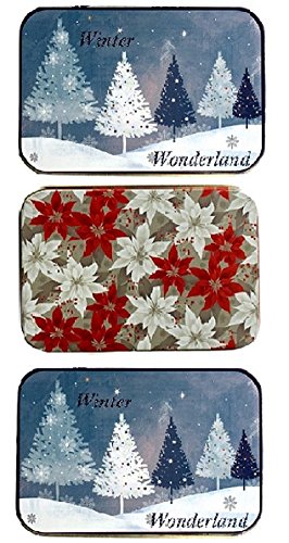 Christmas Gift Card Tin Box Blue Winter Wonderland Trees and Poinsettia 3 Pack