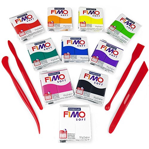 FIMO Soft Polymer Oven Modelling Clay - 10 x 2 oz - Beginners Set - 10 Colours + FIMO Modelling Tools