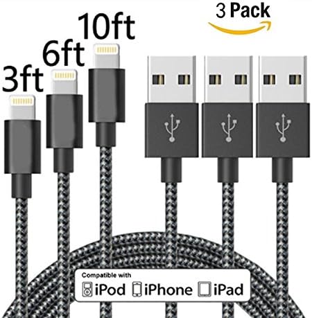 iPhone Charger,MQOUNY 3 Pack(1M 2M 3M) Lightning Cable Nylon Braided 2A Fast Charger And Data Transfe Lightning Charging Cable Cord Lightning to USB Cable (Black)