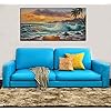 Ardemy Canvas Wall Art Beach Sunset Seawave Tropical Palm Tree Picture Prints, Blue Seascape Beach Large Size Ocean…