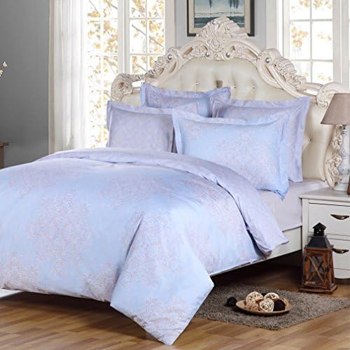 LANSIU 100% Egyptian Cotton Floral Duvet Cover King Set for Girls, Light Blue Damask Reversible Duvet Cover Set with 300 Thread Count, Machine Washbale, Stain Resistant