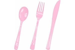 HEIPINIUYE 75 Pack Light Pink Plastic Cutlery Heavy Duty Baby Pink Plastic Knives Forks and Spoons Disposable Silverware Set for 25 Guest Camping Birthday Baby Shower Party Cutlery Set