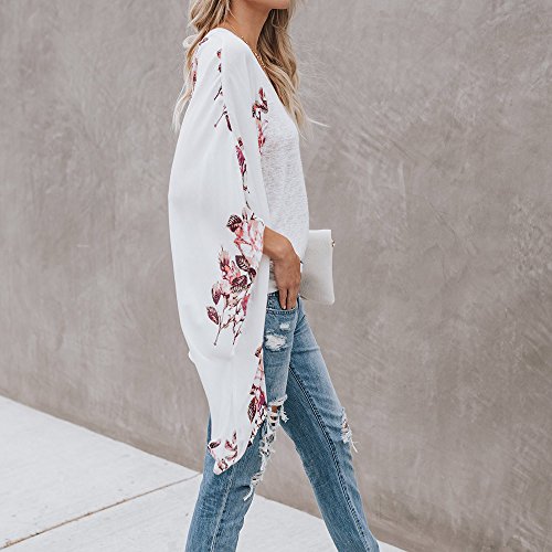 HTDBKDBK Kimono Cardigan for Women Summer Casual Chiffon Shawl Print Kimono Cardigan Top Cover Up Blouse Beachwear White - Thumbnail 2