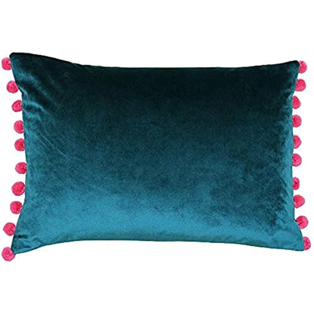 Riva Paoletti Fiesta Rectangular Filled Cushion Blue Pink Pompom Edges-Faux Velvet Fabric-Discreet Zip Closure-100 Case (14" x 20" inches), Polyester, Teal/Berry, 35 x 50cm