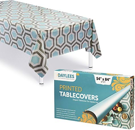 Disposable Plastic Tablecloths | Size 54 X 84 Inches | 17 Count | Turquoise Grey and Ivory Geometric Design | Covers a 6 Foot Rectangle Picnic Party Table | Many Sizes Available