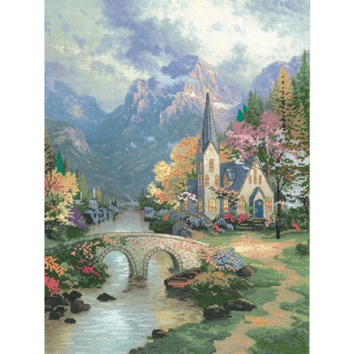 M C G Textiles Thomas Kinkade Mountain Chapel Embellished Cross Stitch Kit, 12 by 16-Inch