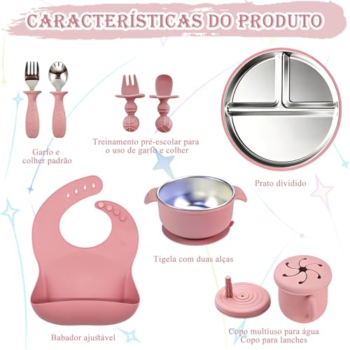 Kit Introdução Alimentar Bebe, Kit de 9 Alimentação Bebe Inox e Silicone, com Pratinho e Bowl de Alimentação com Ventosa, Babador, Copo, Tampa com Canudo, 2 Talheres Silicone e 2 Talheres Inox (Rosa)
