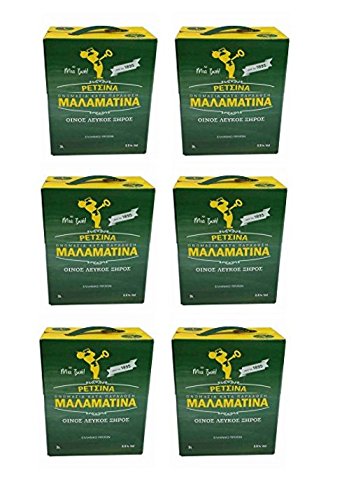6x 3 Liter Retsina Malamatina Bag in Box mit Zapfhahn geharzter Weißwein aus Griechenland - griechischer traditioneller Weiß 