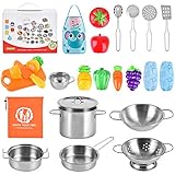 BGdoyz Kitchen Pretend Play Toys with Stainless Steel Cookware Pots and Pans Set, Cooking Utensils, Apron & Sleeve, Cutting Vegetables for Kids, Boys, Girls and Toddler Gifts Educational Learning Tool