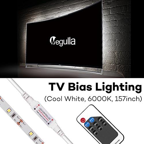 Curved TV Backlight Strips, Megulla USB Powered LED Light Strip Kit with Wireless RF Remote, Dimmable - True White 6500K TV Backlight for Plasma Screens, Home Theater, Smart TVs (Extra Large, 157inch)