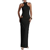 GORGLITTER Women's Cut Out Ruched Wrap Bodycon Maxi Dress Sleeveless Halter Going Out Cocktail Long Dresses