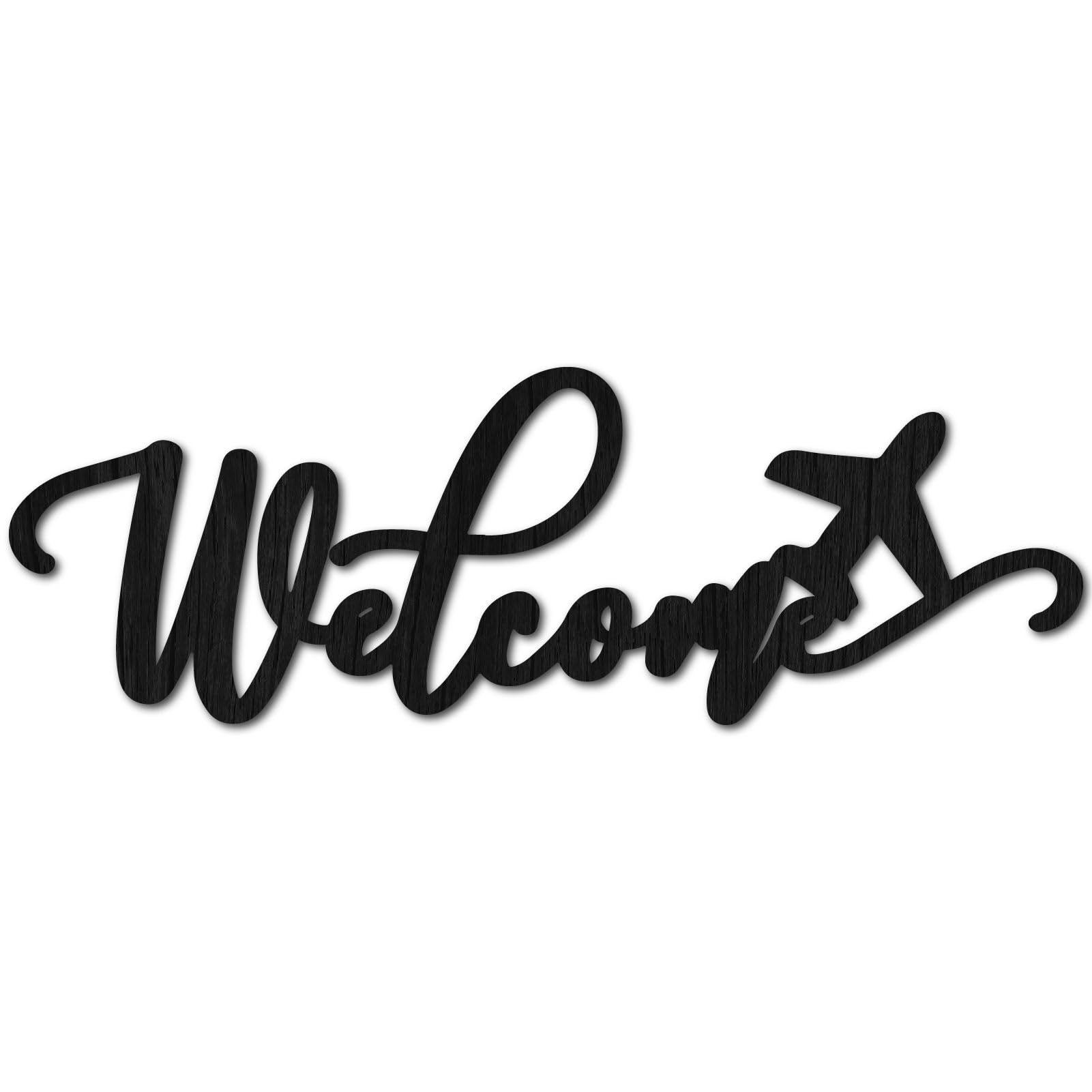 CREATCABIN Word Cutout Sign Welcome Wood Wall Decor Letter Sculpture Aircraft Welcome Sign Black Wooden Laser Unfinished Slices Crafts DIY Wall Home Ornaments Art Decor for Personalized 11.3x4Inch