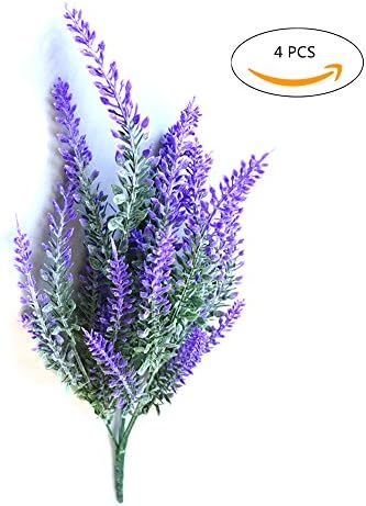 HJXL 4 Pcs Artificial Lavender Flowers Flocked Plastic Bundle Fake Plants Wedding Bridle Bouquet Indoor Outdoor Home Kitchen Office Table Centerpieces Arrangements Decor