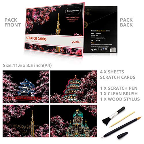 MUGIT Scratch&Sketch Art Paper(A4) for Kids&Adults, Rainbow Painting Night View Scratchboard, Art&Craft, Engraving Art Set: 4 Scratch Cards & Scratch Drawing Pen, Clean Brush (Cherry Blossoms)