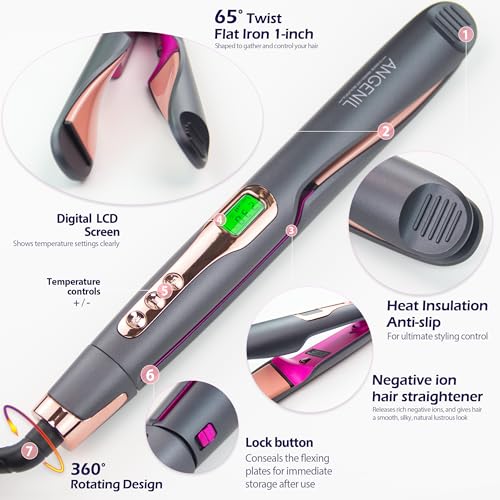 ANGENIL Pro Twist Flat Iron 1 Inch, Dual Voltage Hair Straightener and Curler 2 in 1, Multi-Stylers Round Flat Iron Curling Irons, Tourmaline Ceramic Hair Iron for Women, 20s Fast Heating LCD Display