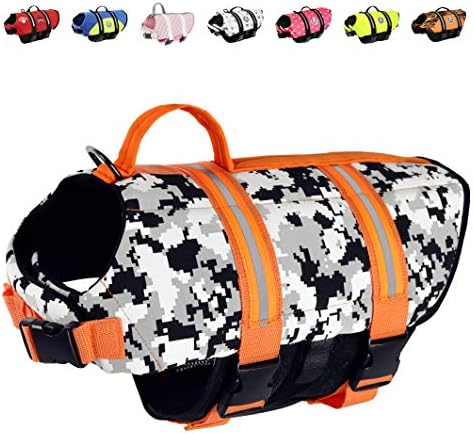 Paws Aboard Dog Life Jacket - Swimming Vest for Dogs, Adjustable, Reflective, Comfortable, Multiple Colors, Patterns, XX-Small to Extra Large Dog Swim Vest with Handle (Grey Camo/Orange, Medium)