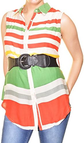 Feline Juniors Belted Button Front Collared Shirt (Orange Green, Small)