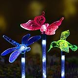 Solar Garden Stake Lights Outdoor, Sooreally Color Changing Solar Powered LED Lights, Decorative Waterproof Night Lights for Patio, Lawn, Backyard 3 Pack (Butterfly, Dragonfly, Hummingbird)