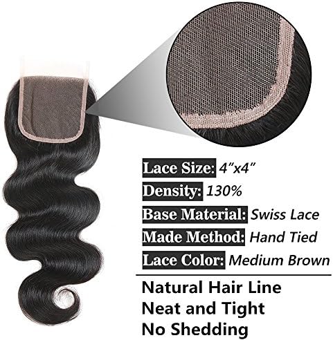 Body Wave 4"X4" Free Part Lace Closure Unprocessed Brazilian Virgin Human Hair Closure Nature Black 14 inch