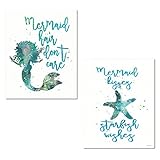 Beautiful Popular Teal and Blue "Mermaid Hair Don't Care" and "Mermaid Kisses, Starfish Wishes" Set; Two 11x14" Paper Posters