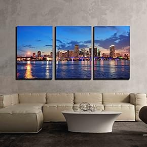 3 Piece Canvas Wall Art - Miami City Skyline Panorama at Dusk with Urban Skyscrapers and Bridge Over Sea - Modern Home Art Stretched and Framed Ready to Hang - 16"x24"x3 Panels