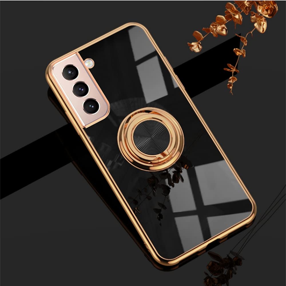 EYZUTAK Electroplated Magnetic Ring Holder Case, 360 Degree with Rotation Metal Finger Ring Holder Magnet Car Holder Soft Silicone Shockproof Cover for Samsung Galaxy S21 - Black