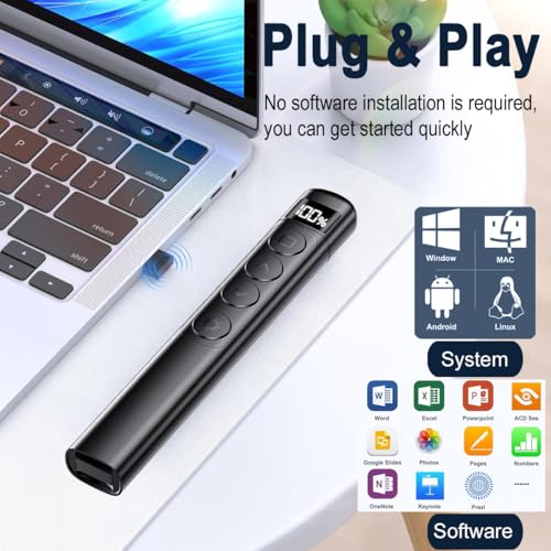 Presentation Clicker Wireless Presenter, 2.4GHz Remote Control USB Power Point Clicker Red Laser Pen with Hyperlink & Volume Control LED Display Slideshow Pointer for Keynote Laptop Computer Office