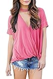 PinkWind Women's Short Sleeve Choker Neck V Cut Drape Loose Fit Top T Shirt