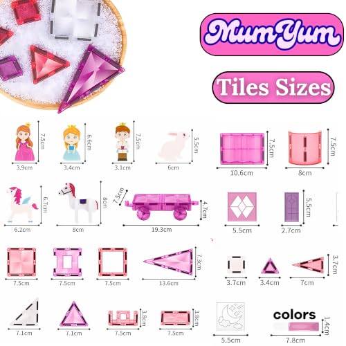 MUMYUM | 126 pcs Set | 10 Coloring pen | 16 DIY Tiles | 6 Cartoon Characters | 1 Car | Magnetic tiles for kids With DIY coloring Tiles and Pens – Pink Queen Castle Magnatiles Building Blocks With Car