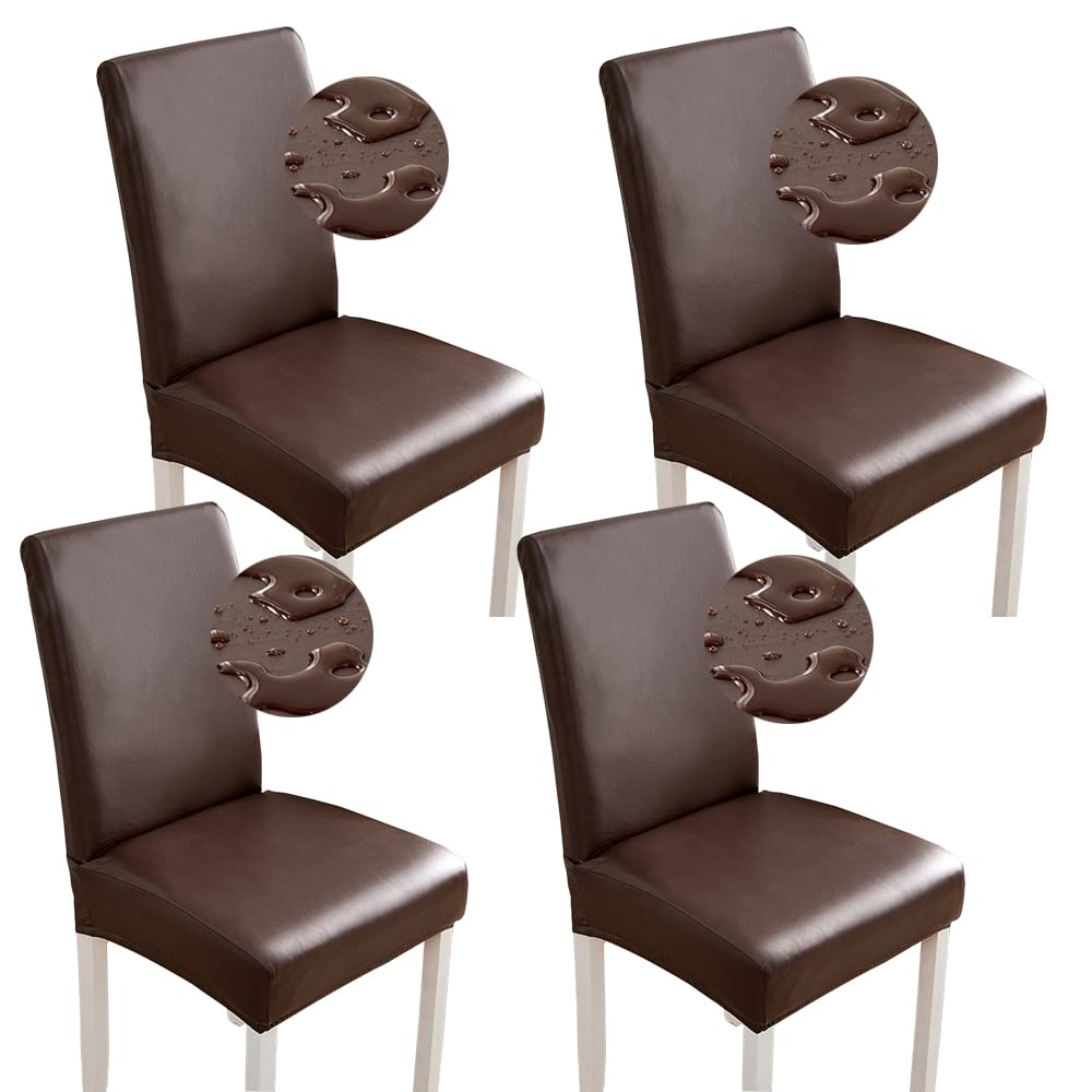 Bestenrose Stretch Dining Chair Covers Waterproof PU Leather Chair Slipcovers Chair Protector Cover Universal Chair Covers for Dining Room Kitchen Hotel (Set of 4, Coffee)