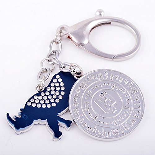 Feng Shui Blue Rhinoceros and Elephant Protection KeyChain Charm Amulet Handbag Hanging (W1071)