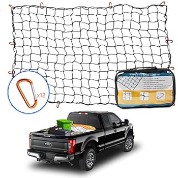 Tchipie 4x6 Ft Bungee Cargo Net for Pickup Truck Bed, Heavy Duty Cargo Netting with 12 Aluminium Alloy Carabiners, Stretches to 8x12 Ft, Small 4x4 Inch Mesh, for Toyota Tacoma Trailer Etc.