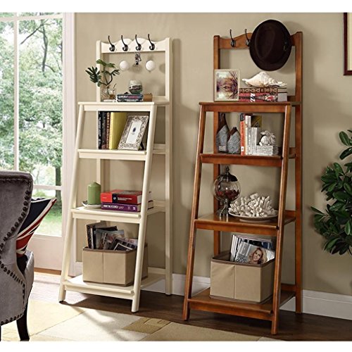 Solid Wooden Shelf, Standing Wood Storage Shelves, Corner Organizer Rack and Coat Hook, 4 Tier, Easy Installation, Floor-Standing Bookcase, for Bedroom, Kitchen, Living Room (Color : Walnut)