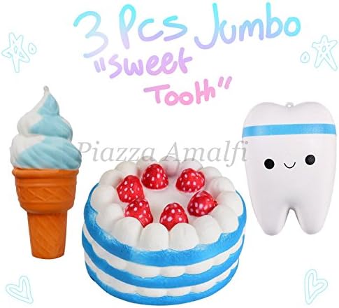 3 PCS Jumbo Squishy Toy, Kawaii Blue Cake + Tooth + Ice Cream Decompression Squeeze Fidget Toys for Collection Gift, decorative props Large or Stress Relief, 3 Pack set, scented, slow release foam