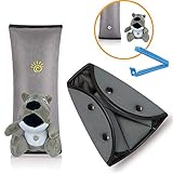 Kids Seatbelt Adjuster and Travel Pillow with Plush Toy and Clip, Soft Neck Support Headrest, Seat Belt Strap Cover for Child, Car Safety Shoulder Pad for Baby and Short Adult (Gray-Dog)