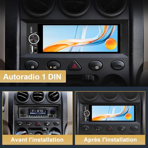Junsun Autoradio 1 DIN Écran Tactile 6,36" avec CarPlay & Android Auto, Bluetooth, GPS, FM, Charge Type-C, 2 USB, Microphone, Égaliseur, Commandes au Volant